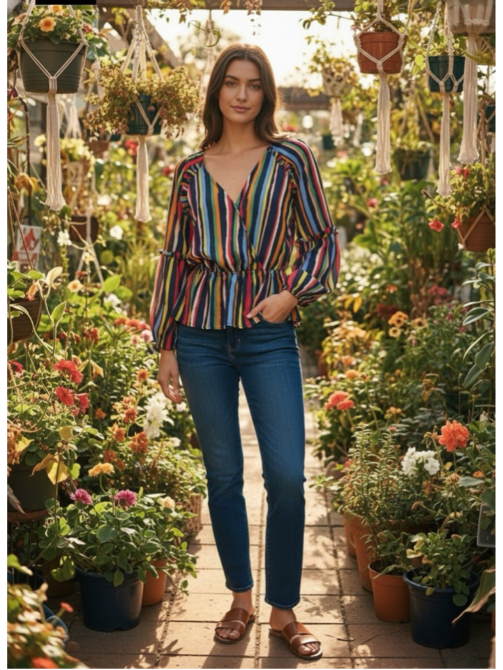 A. Calin by Flying Tomato Striped Peplum Blouse Women’s Medium Bell Sleeve Blue